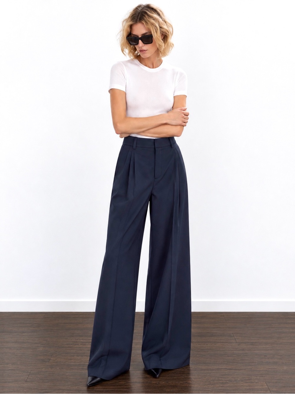 NWOT Zara Studio Dark Navy Blue Tailored Wide Leg Trousers w/Side Pockets | XS